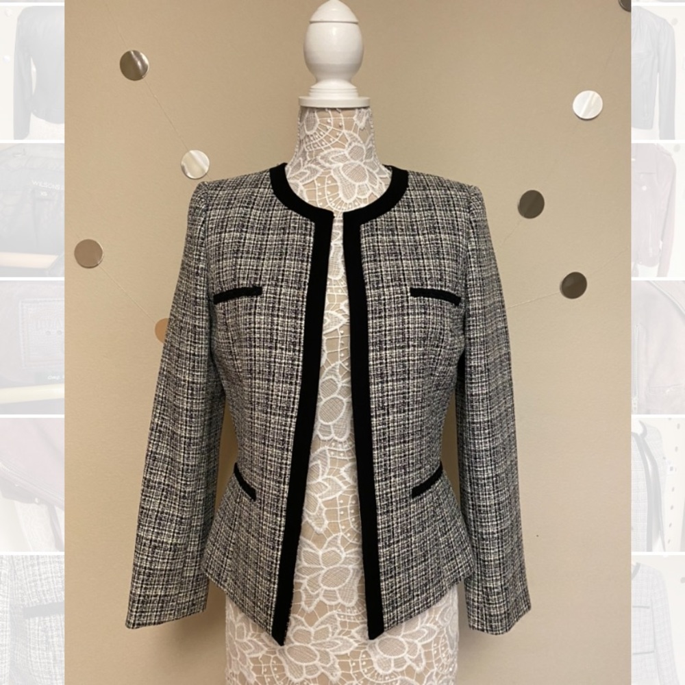 TAHARI | BLACK/WHITE WOVEN TWEED BLAZER JACKET
